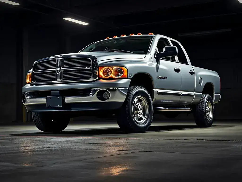 Dodge Ram pickup truck in a dark workshop